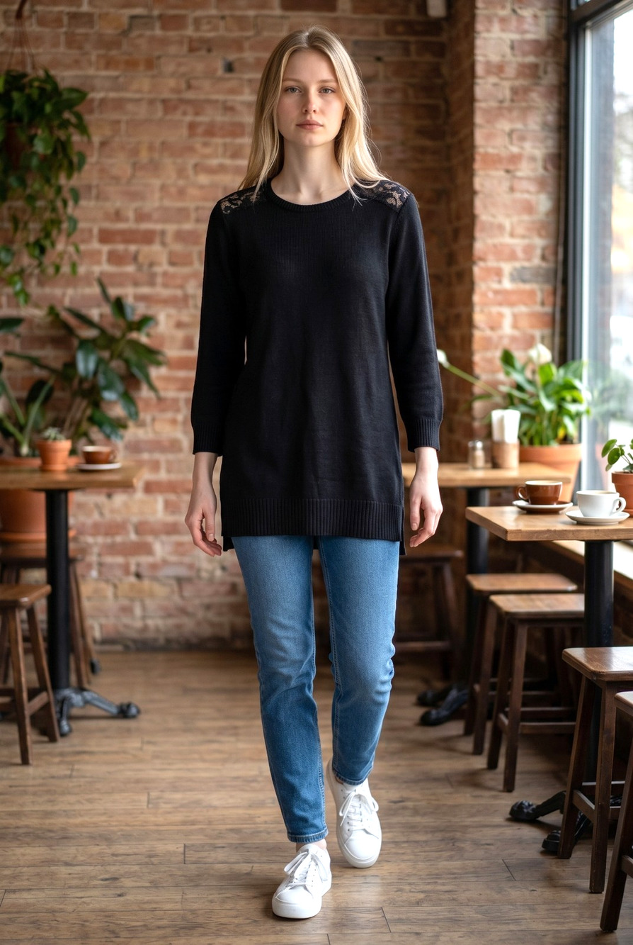 Lauren Ralph Lauren Womens Black 3/4 Sleeve Sweater Delicate Lace Detail Size Sm